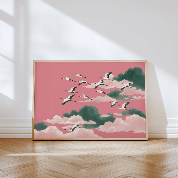 Élégant tableau mural rose avec grue Touches de vert pour décorer les murs de votre chambre