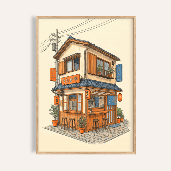 Décoration murale pour restaurant japonais avec des tons orange, bleu et beige pour affiche de cuisine