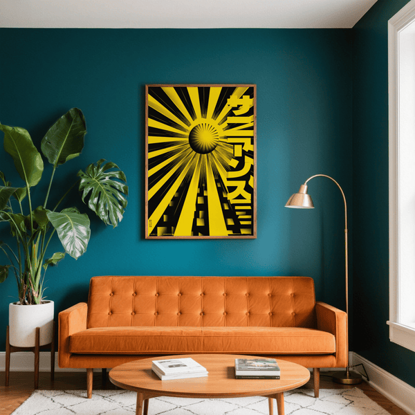 Poster géométrique noir et jaune représentant un soleil, pour une décoration murale contemporaine dans une chambre à coucher.