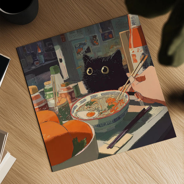 Illustration d'un chat noir dans une décoration murale sur le thème des ramen, à l'atmosphère nostalgique.
