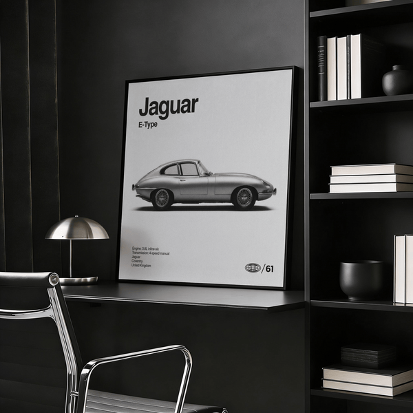 Impression Jaguar Type E en noir et blanc pour la décoration de votre salon
