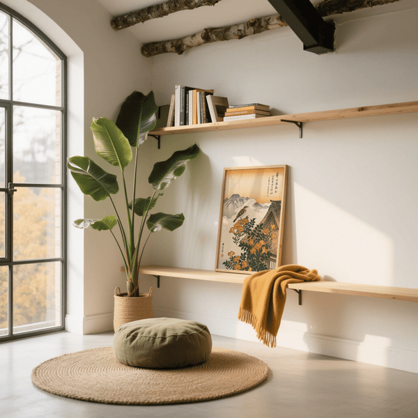 Impression artistique d'une affiche représentant un paysage montagneux avec des fleurs orange vif, idéale pour décorer une salle d'étude.