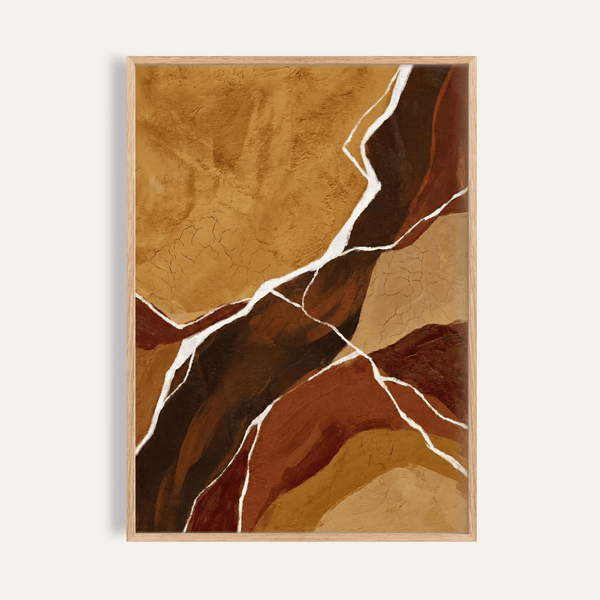 Impression artistique abstraite aux tons ocres, orange, marron, rouge et beige pour décorer les murs de votre salon.