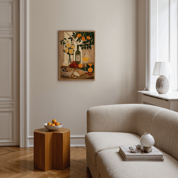 Nature morte artistique représentant une cuisine, avec des touches orange et vertes, pour une affiche de cuisine