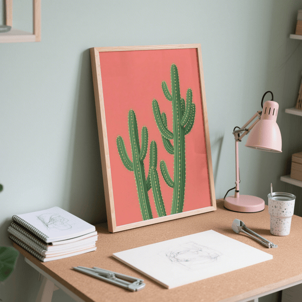 Affiche Pink Cactus pour une décoration minimaliste en rose et vert pour le couloir