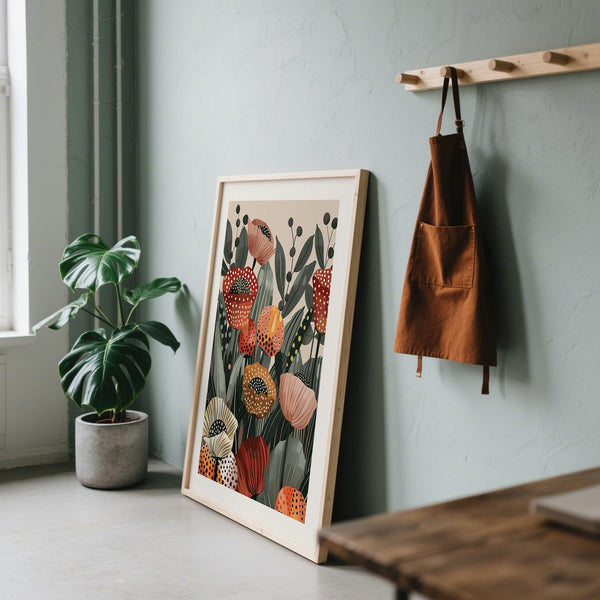 Impression artistique graphique représentant une fleur de pavot dans un style floral contemporain