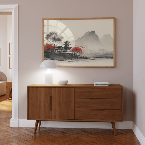 Impression artistique chinoise représentant un paysage traditionnel, idéale pour décorer les murs d'un espace minimaliste.