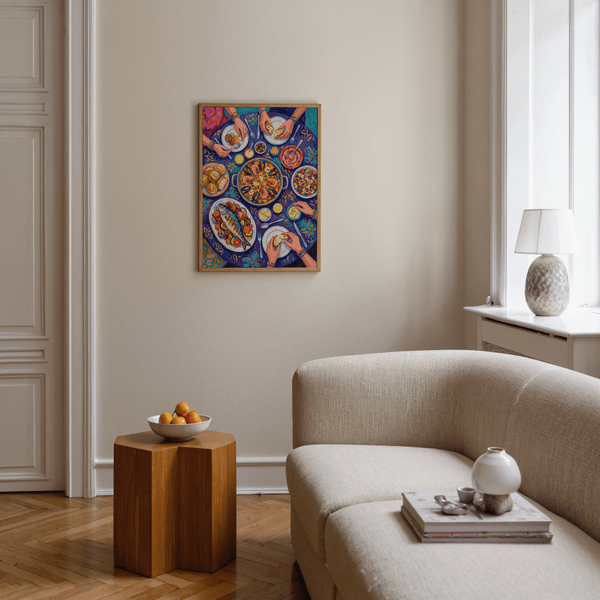 Impression artistique colorée sur le thème de la nourriture, dans des tons bleus et jaunes, idéale pour décorer les murs d'une salle à manger.