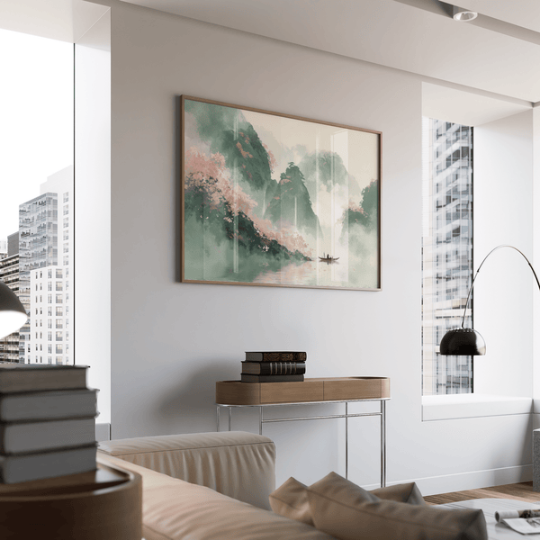 Impression artistique représentant un paysage montagneux dans les tons verts et roses, pour une décoration apaisante dans un studio de yoga.