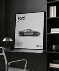 Affiche artistique Ford GT grise et blanche, idéale pour décorer un bureau