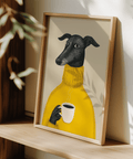 Illustration fantaisiste représentant un chien, dans les tons jaune, noir et beige, parfaite pour décorer les murs d'un bureau.
