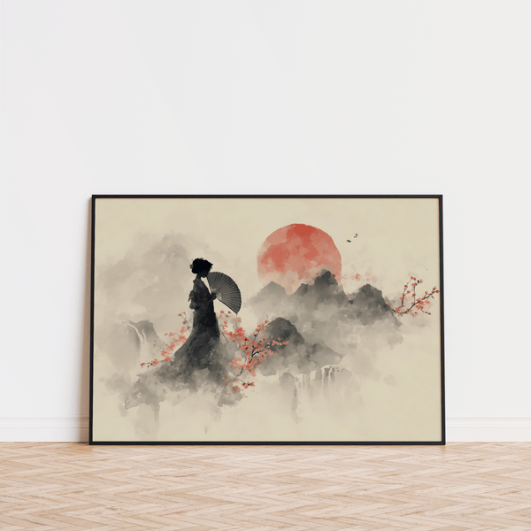 Poster mural oriental avec silhouette noire et détails rouges pour une impression destinée à une salle d'étude