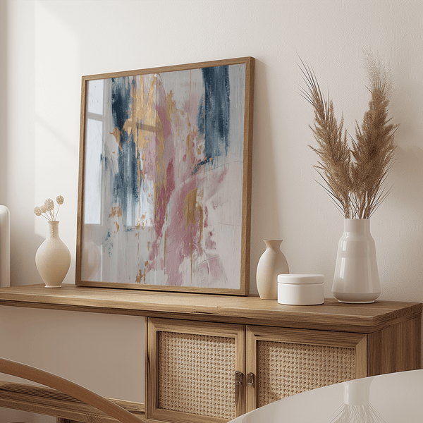 Art abstrait carré rose avec rose, bleu et or pour un mur d'accent dans le couloir