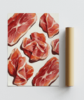 Mur galerie dans la cuisine avec affiche représentant du jambon de Parme en rouge et blanc