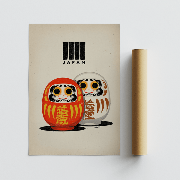 Vibrant orange beige Daruma Doll Print for creative workspace