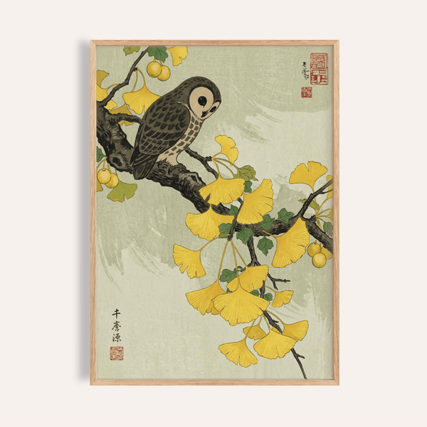 Impression hibou et ginkgo avec jaune, vert et gris pour décoration murale de chambre à coucher