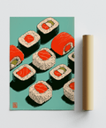 Impression artistique moderne représentant des sushis, rouge, vert, bleu dans un coin repas
