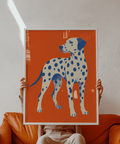 Impression artistique représentant un chien dalmatien pour chambre à coucher, dans des tons orange et bleu vifs