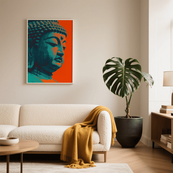 Poster mural « Bouddha serein », bleu et rouge, décoration murale pour salon