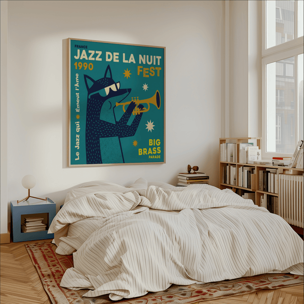 Impression artistique Jazz Festival avec une palette de couleurs bleu, vert et jaune pour décorer vos murs