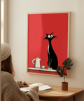 Impression murale fantaisiste représentant un chat, chat noir, couleurs rouge et blanc