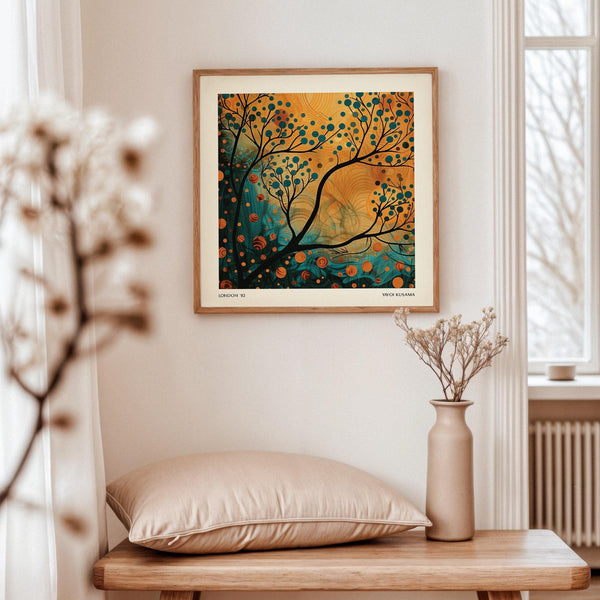 Art mural contemporain orange et bleu sarcelle avec des formes d'arbres et un motif rythmé