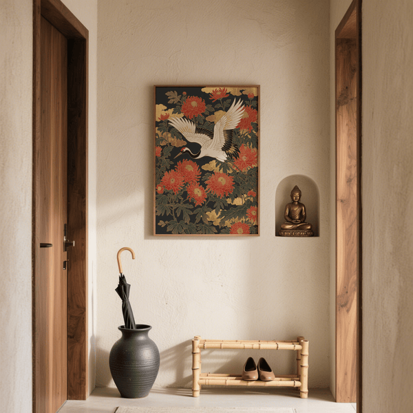 Impression artistique minimaliste représentant une grue fleurie, dans les tons beige et vert avec des touches de rouge, pour le bureau