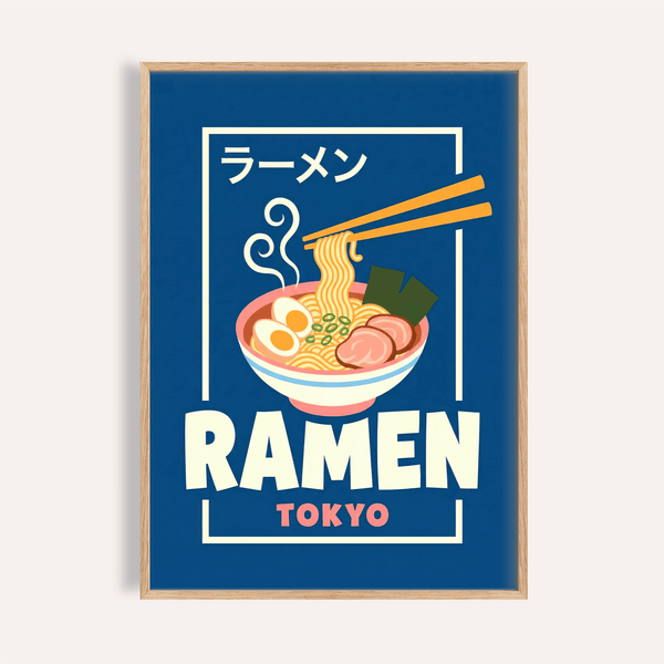 Affiche Ramen avec bleu, blanc et rose pour décoration murale de cuisine