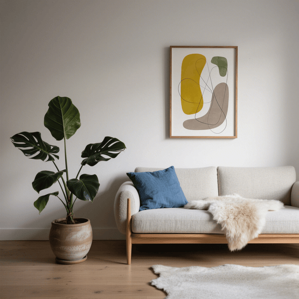 Art mural abstrait moderne, formes beiges, ajoute du style à une salle d'étude moderne