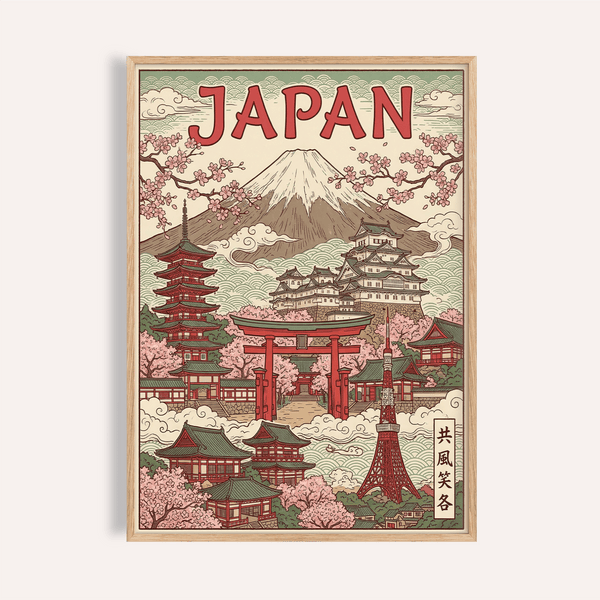 Impression artistique japonaise avec du vert, du rose, du rouge et du beige pour décorer les murs de votre salon