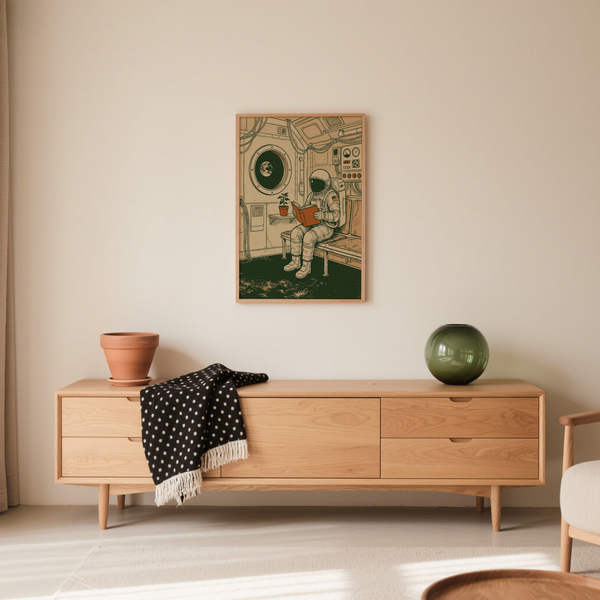 Reading Astronaut Poster for modern workspace with greens, beige, and orange tones