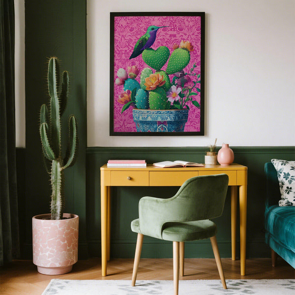 Colibri perché sur un cactus en forme de cœur sur fond rose floral