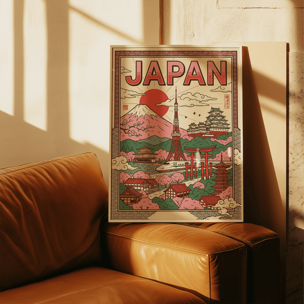 Décoration murale japonaise avec fleurs de cerisier et montagne en rouge pour espace de bureau