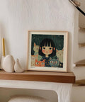 Décoration murale Japandi représentant une fille et des chats dans un style pictural minimaliste