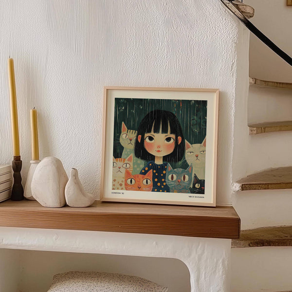 Décoration murale Japandi représentant une fille et des chats dans un style pictural minimaliste
