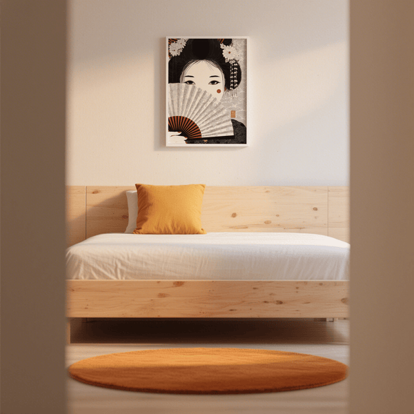 Impression artistique japonaise représentant une geisha, dans des couleurs minimalistes, pour décorer les murs de votre salon.