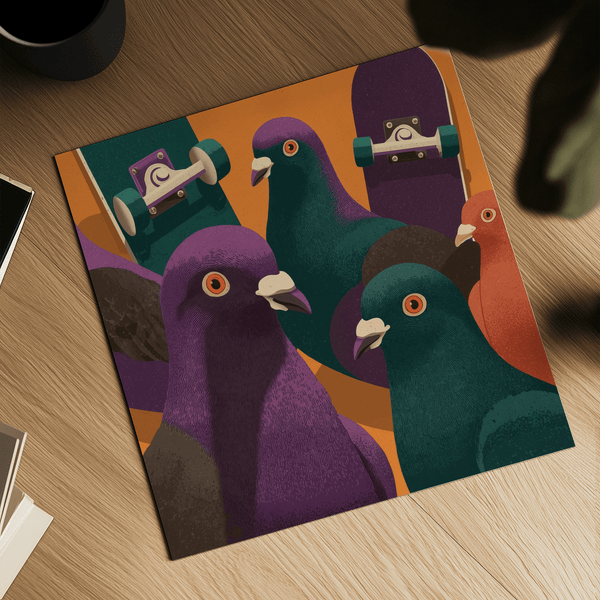 Affiche artistique colorée représentant un pigeon sur un skateboard, pour décorer une chambre à coucher, dans les tons noir et orange.