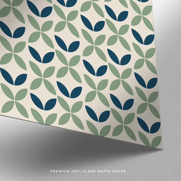 Décoration murale bleue et verte représentant la géométrie Bauhaus dans des formes organiques répétitives.