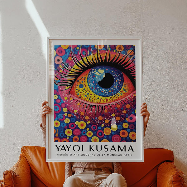 Brightly painted eye in Pop Art Prints style with neon tones and patterns.