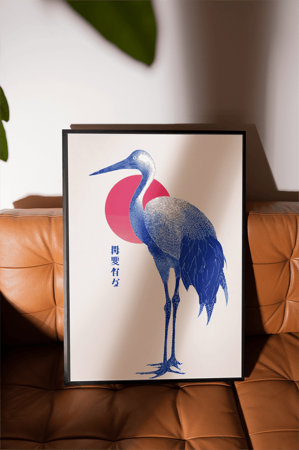 Impression artistique Blue Crane, couleurs rouge et bleu, impression artistique pour chambre à coucher