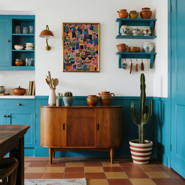 Peinture colorée représentant un marché mexicain bondé et des repas partagés.