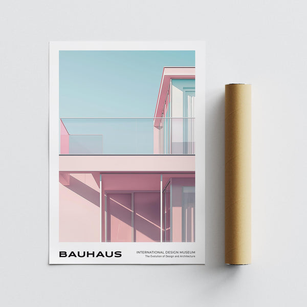 Façade en verre de style Bauhaus avec encadrement blanc dans une palette de couleurs pastel.
