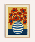 Poster artistique représentant un vase avec des fleurs bleues et rouges pour décorer le mur de votre salon