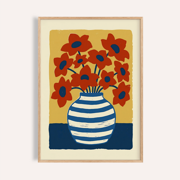 Poster artistique représentant un vase avec des fleurs bleues et rouges pour décorer le mur de votre salon