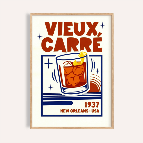 Impression cocktail Nouvelle-Orléans en rouge, orange et bleu pour décorer les murs d'un bar