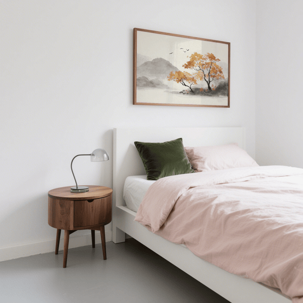 Décoration chaleureuse pour chambre à coucher : impression artistique « Autumn Tree » dans les tons orange, gris et blanc