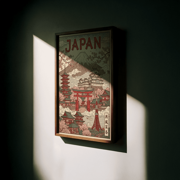 Impression artistique japonaise avec des fleurs de cerisier roses pour affiche de salle à manger