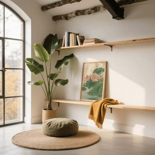 Imprimé fleur de lotus, feuilles vertes sur fond beige pour espace de méditation