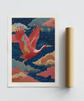 Motif d'oiseau oriental sur une estampe japonaise vintage avec fond bleu foncé.