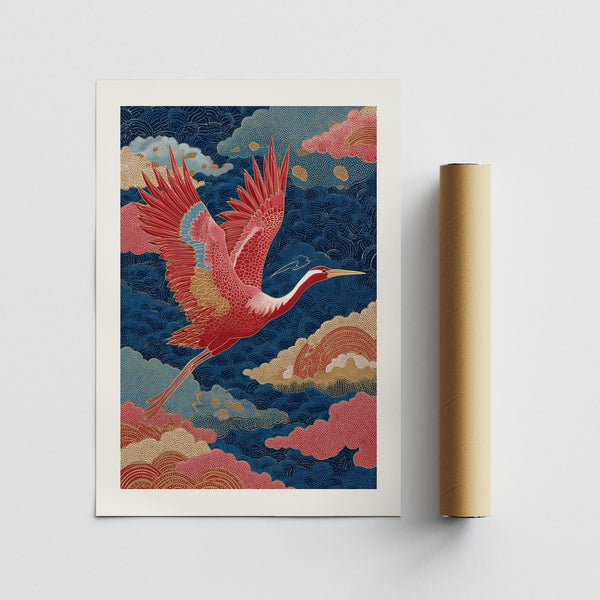 Motif d'oiseau oriental sur une estampe japonaise vintage avec fond bleu foncé.